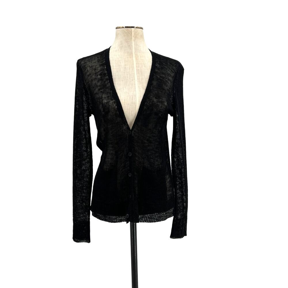 Eileen Fisher Linen Blend Sheer Knit V Neck Cardigan Sweater Black Size XS
